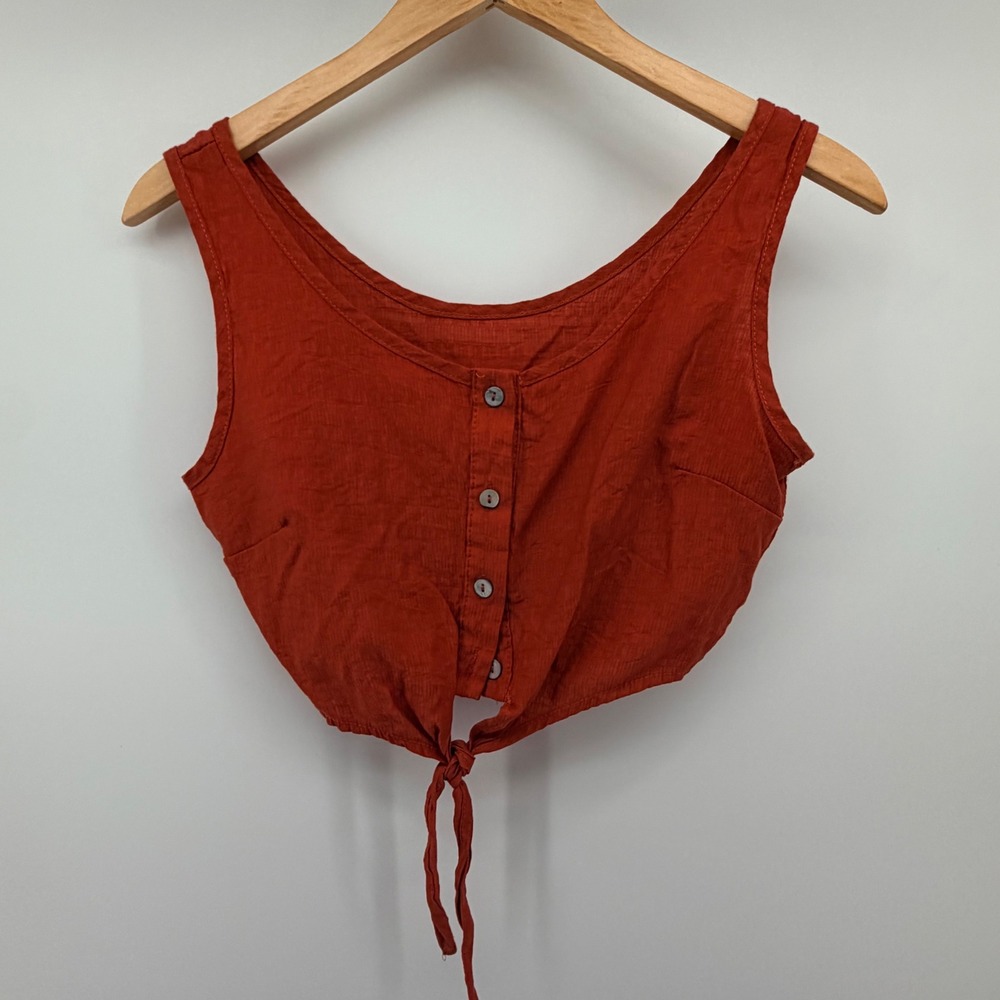 Zaful Crop Top Womens Medium Rust Orange Tie Front Button Sleeveless Boho Summer
